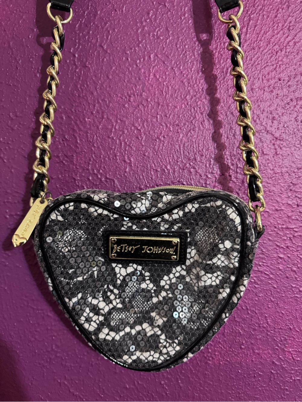 Betsey Johnson Black and White Heart Lace Crossbody with Gold Chain